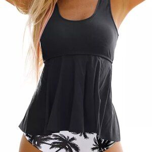 Beachsissi Women Tankini Swimsuit Flower Print Ruffle Hem Tummy Control
